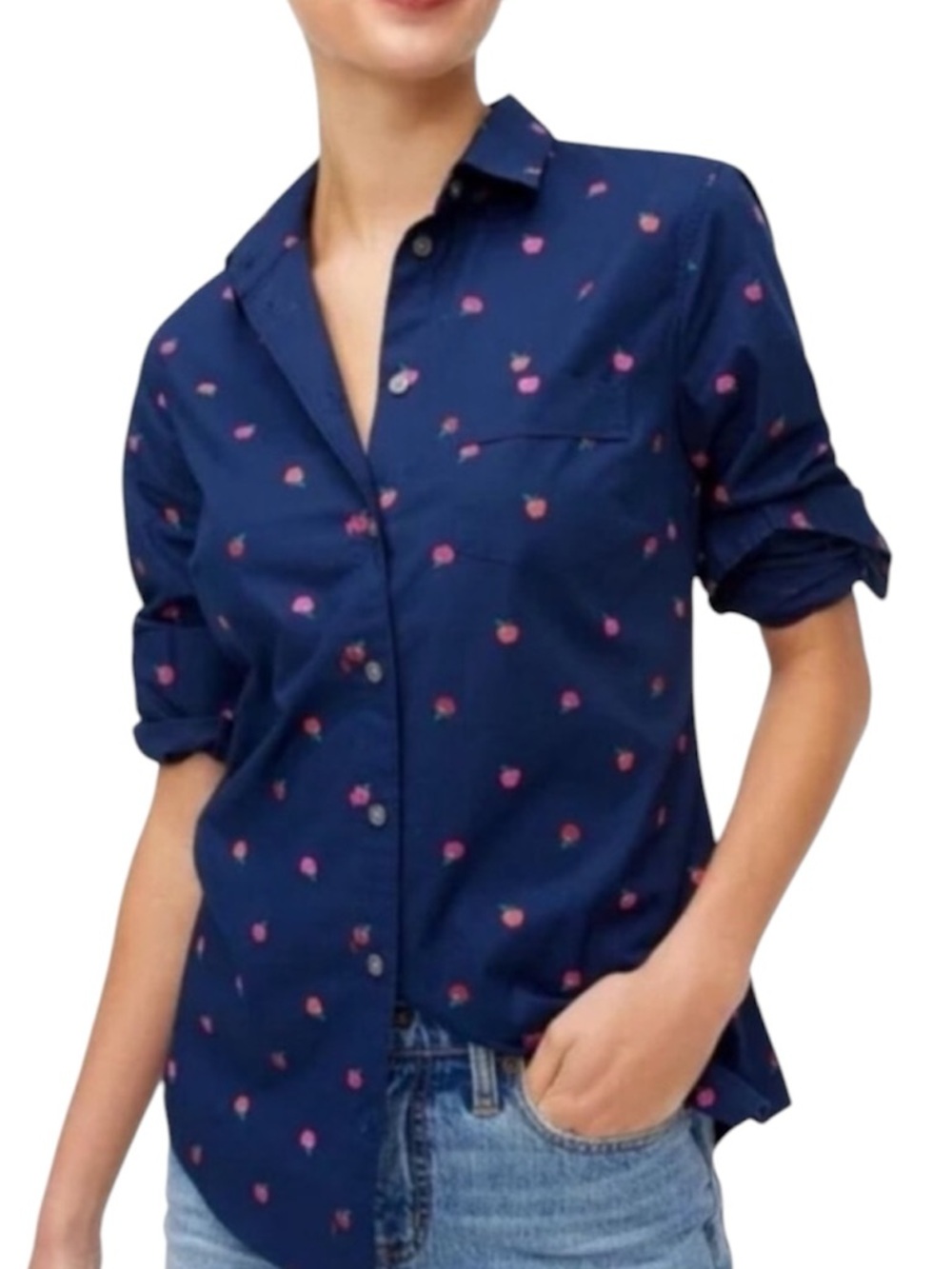 J. Crew Navy Button-Down Shirt with Pink Strawberry Motif